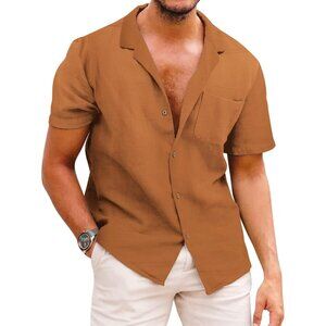 Men's Brown Casual Button Down Shirts Short Sleeve Textured Summer Beach Shirt
